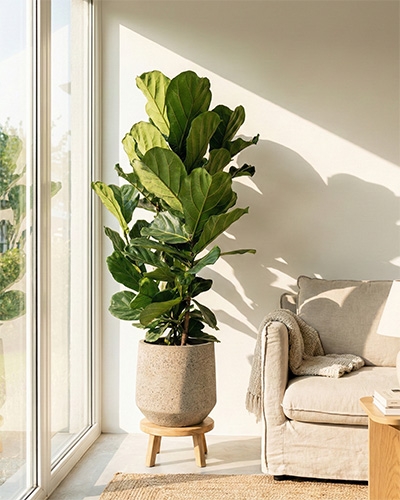 Ficus lyrata en pot près d’une fenêtre, feuillage large et sain, plante d’intérieur décorative.